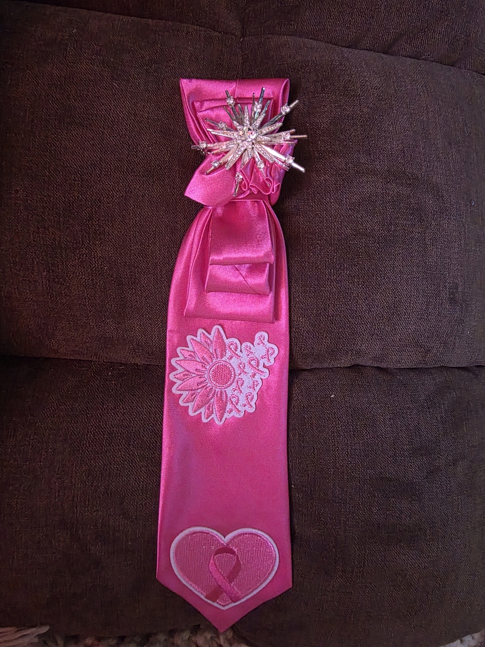 Pink Satin Ribbon Sash with Decorative Brooch - Women Accessories Breast Cancer